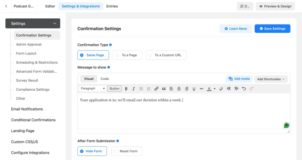 on-screen confirmation message telling applicants to check their email