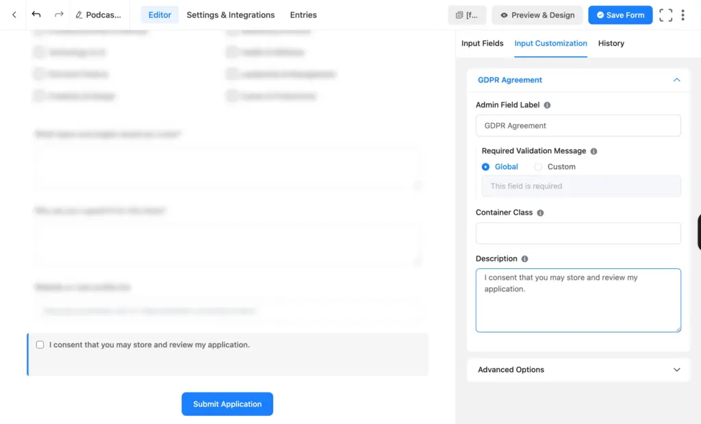 consent checkbox on the application form