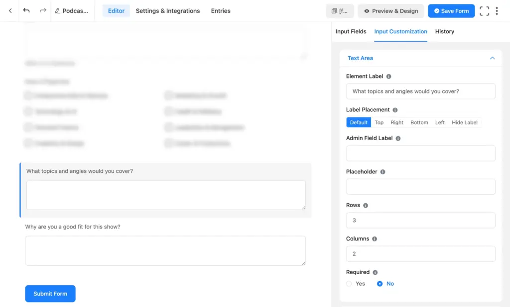 topics and fit text area fields on the application form
