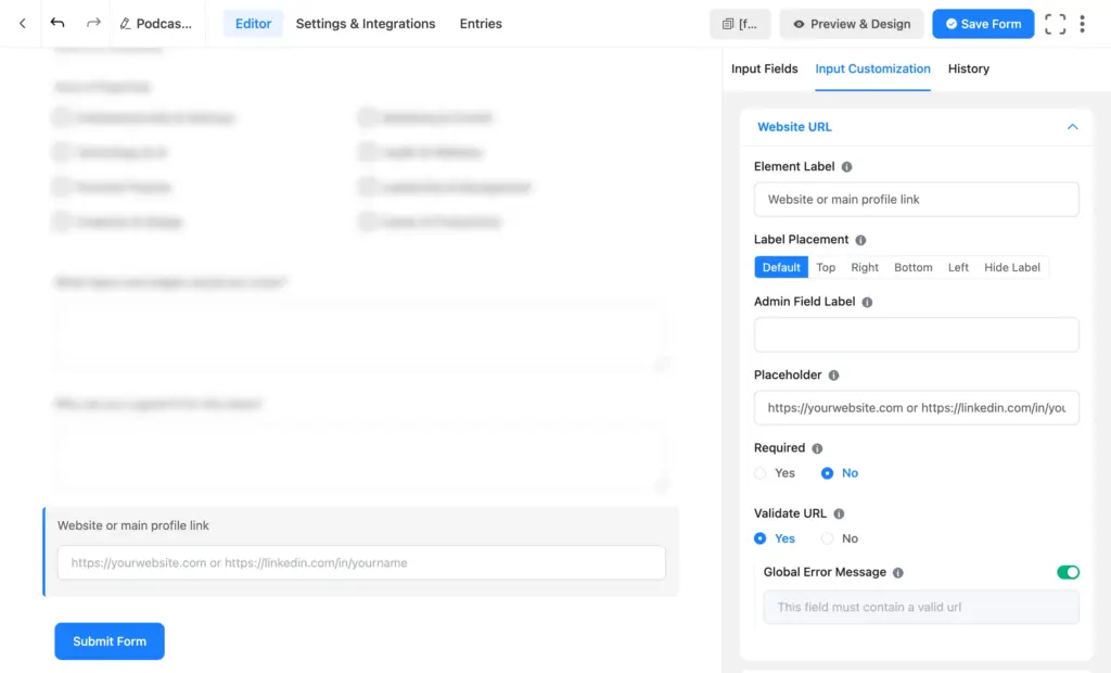 website URL field on the application form
