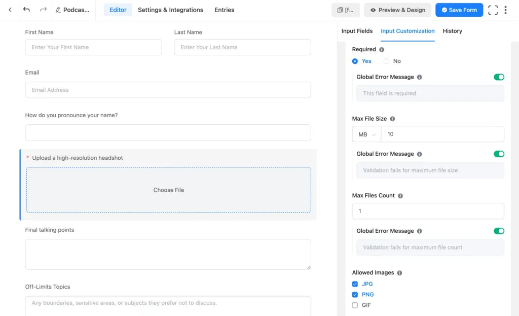 prep fields on the approved-guest form including image upload settings