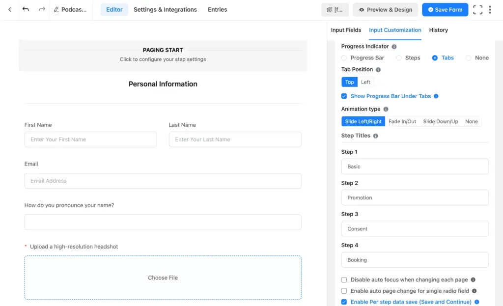multi-step layout on the approved-guest form