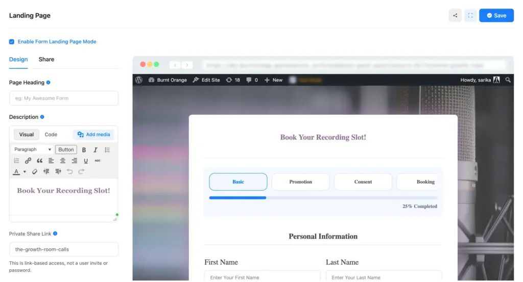 dedicated landing page settings with the Private Share Link enabled