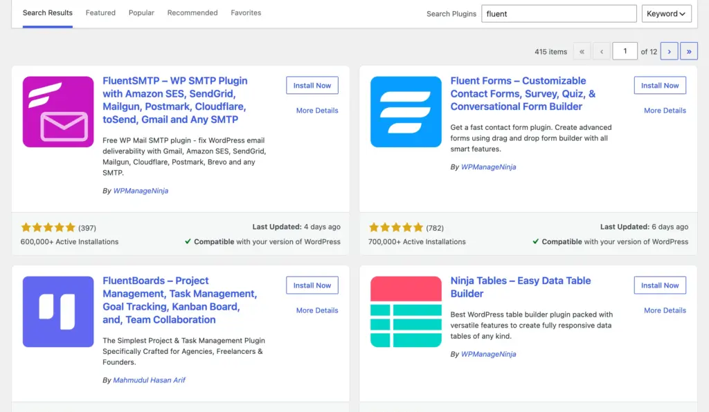 WordPress plugins screen showing Fluent Forms, Ninja Tables, and FluentBoards installed and active.