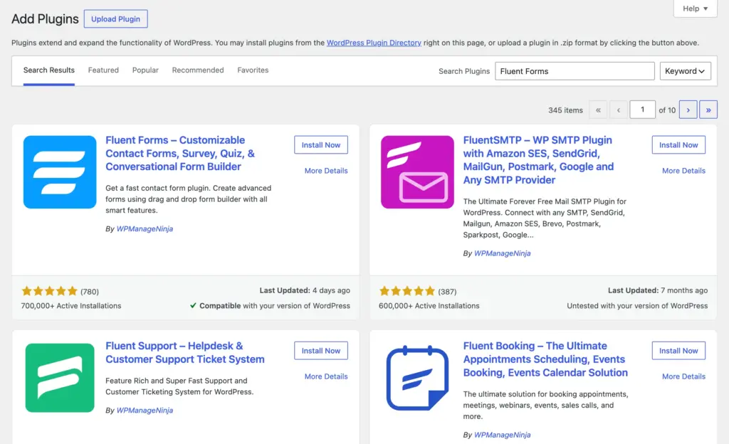 Installing the Fluent Forms plugin from the WordPress dashboard