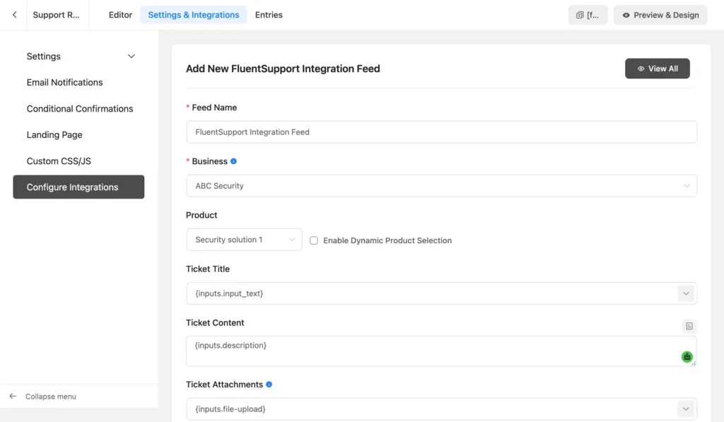 Mapping Fluent Forms fields to Fluent Support ticket fields in the integration feed