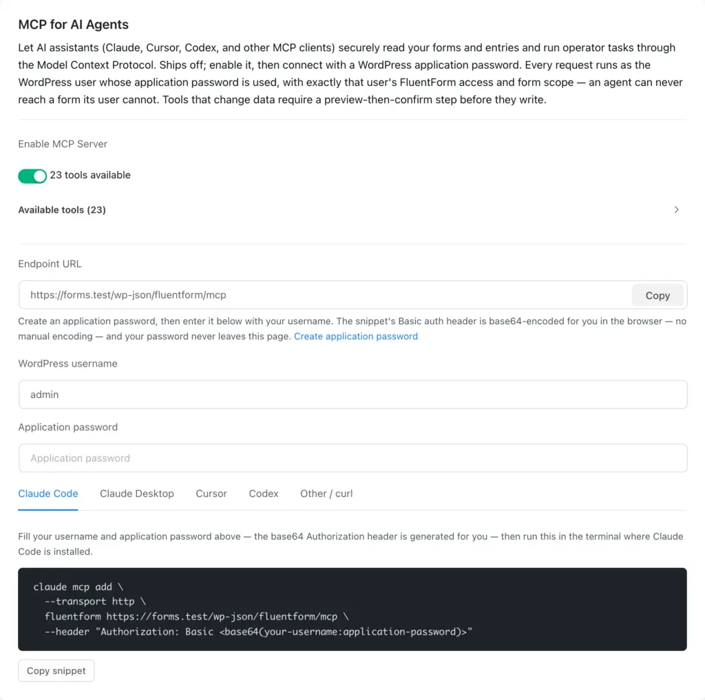 Fluent Forms → Global Settings → MCP for AI Agents. One toggle, one endpoint, one application password.