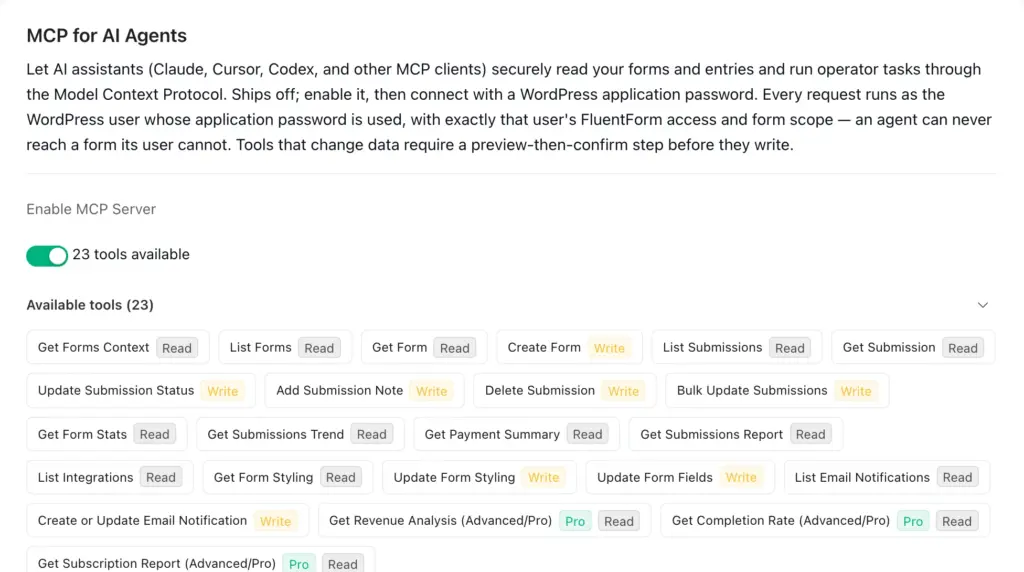 Every tool is labelled Read or Write right in the settings card, so you can review available read and write actions before connecting.