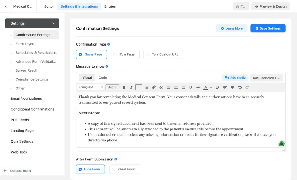 Setting the post-submission confirmation message for a consent form in Fluent Forms
