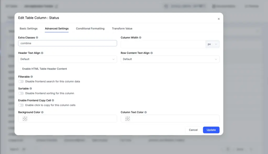 Ninja Tables column Advanced Settings with "combine" typed into the Extra Classes field.
