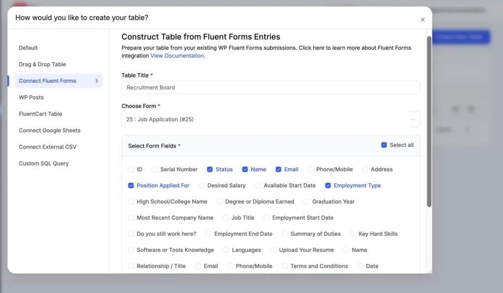 Ninja Tables setup showing the Connect Fluent Forms option with the Job Application form selected.