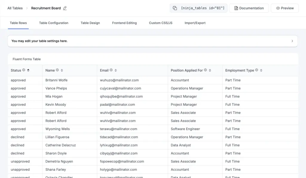 Ninja Tables "Job Application Tracker" backend with Status, Name, Email, Position Applied For, Employment Type columns, and submission rows.