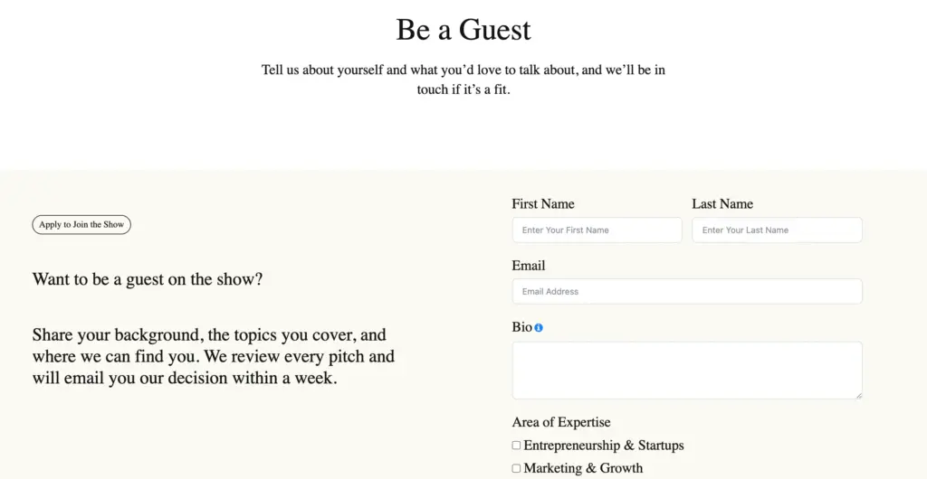 podcast guest application form published on a dedicated page