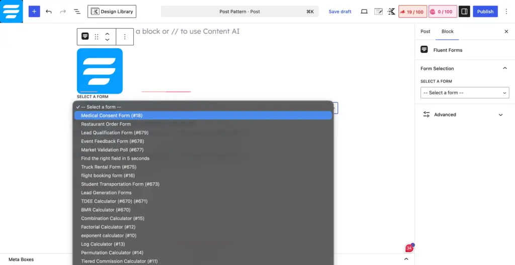 Publishing the medical consent form with the Fluent Forms Gutenberg block