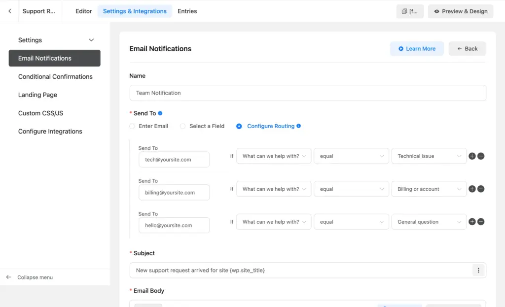 Configure Routing set up with email addresses and category conditions in a single Fluent Forms notification