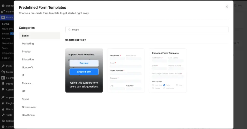 Selecting the Support Form template in the Fluent Forms’ Choose a Template popup