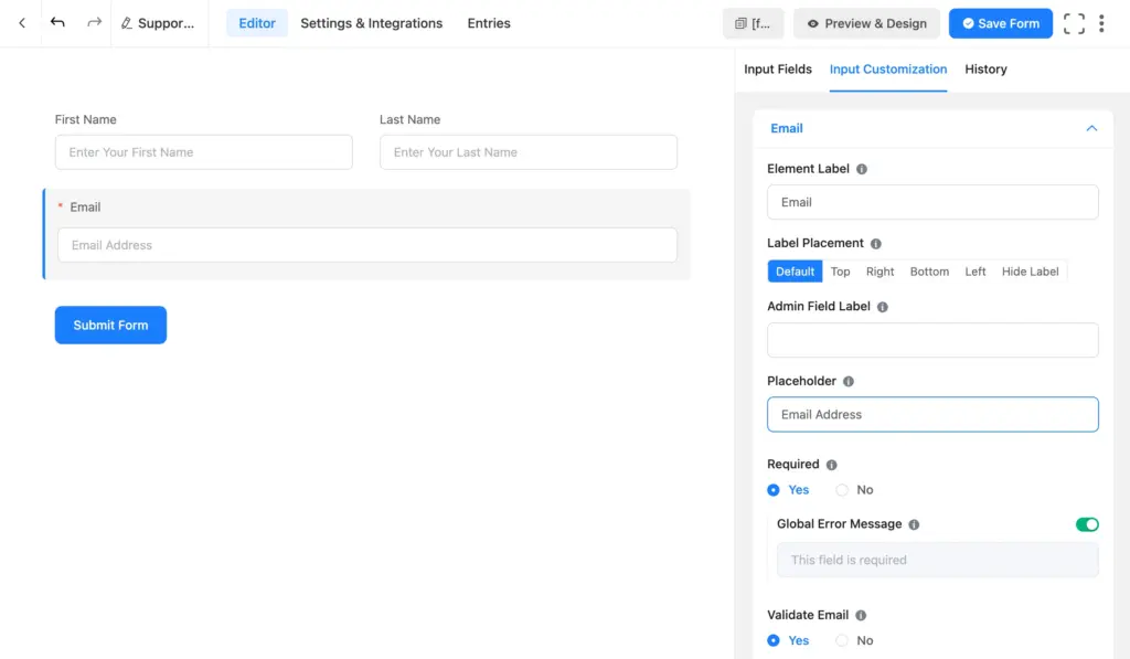 Name and Email fields added to the Fluent Forms editor with required toggle on