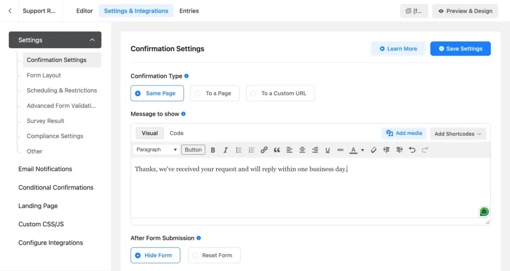 Confirmation message settings in Fluent Forms telling the requester their request was received