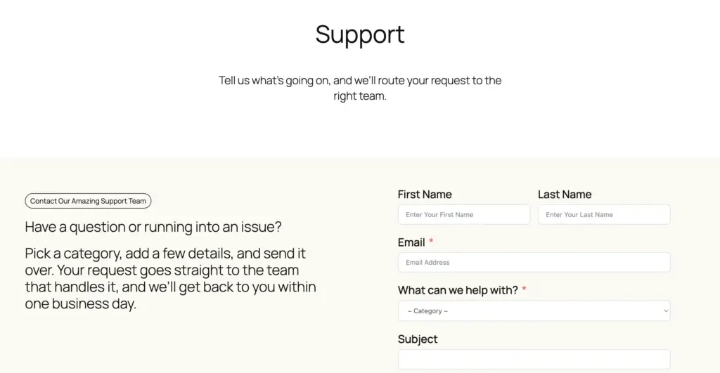 Support request form published on a WordPress support page