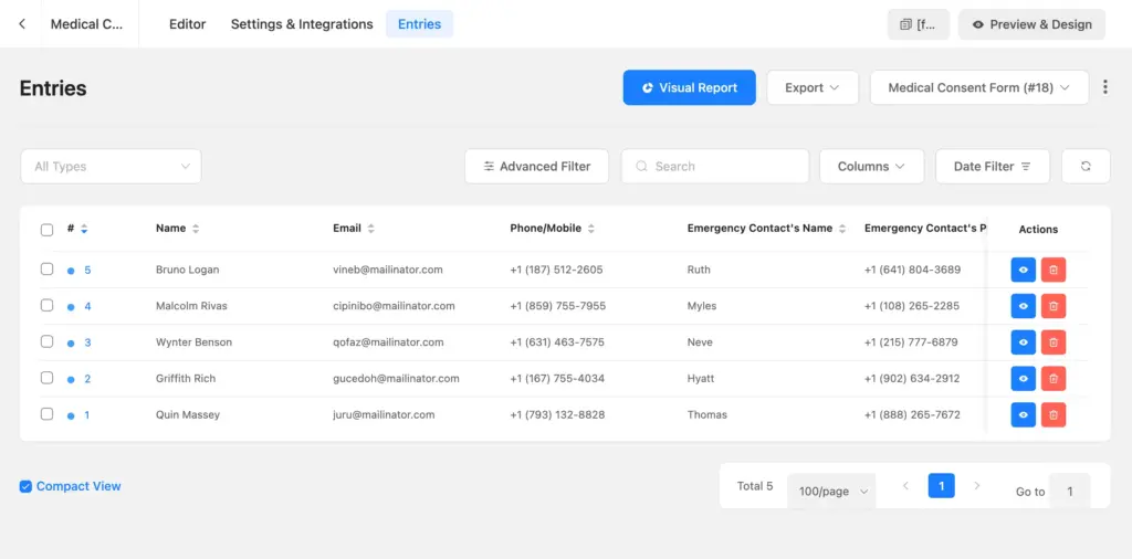 Viewing and exporting stored consent form entries in the Fluent Forms dashboard