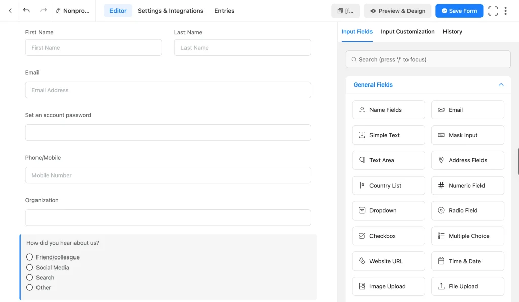Name, email, password, phone, and organization fields in the Fluent Forms editor
