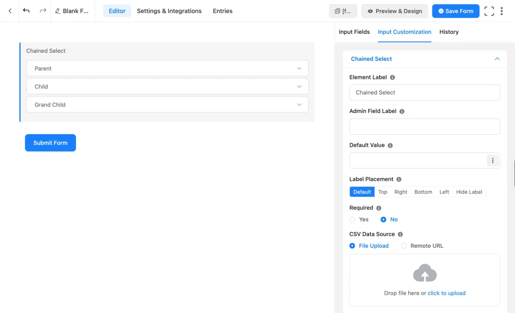 Fluent Forms Chained Select field settings panel showing the CSV Data Source upload option