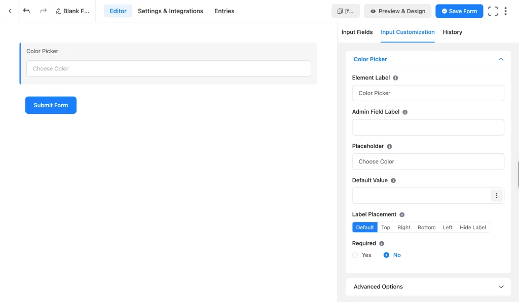 Fluent Forms Color Picker field settings panel showing the Placeholder and Default Value options
