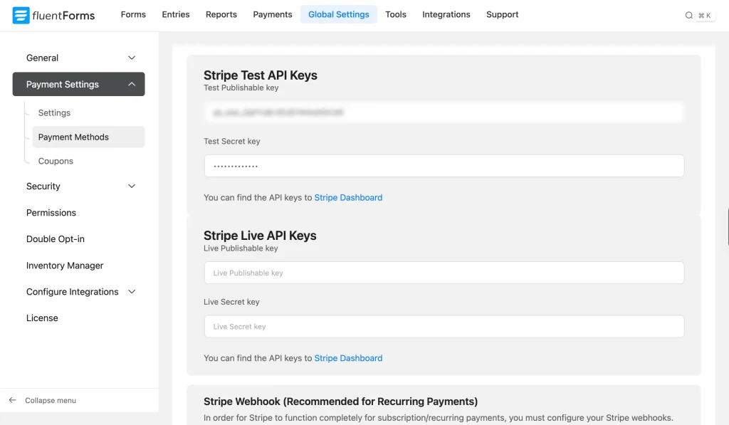 Stripe test and live API key fields in Fluent Forms Global Settings > Payment Methods