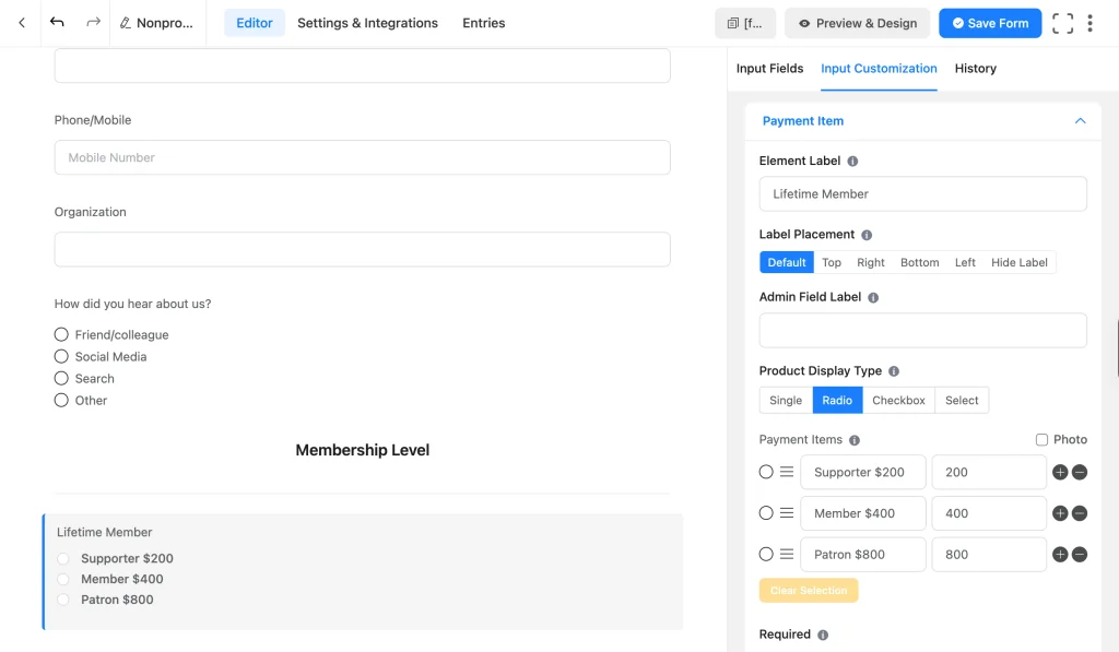 Payment Item field showing Supporter $200, Member $400, and Patron $800 radio options