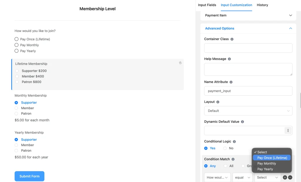 Payment Item conditional logic rule set to show Lifetime tiers when “How would you like to join” equals Pay Once (Lifetime)