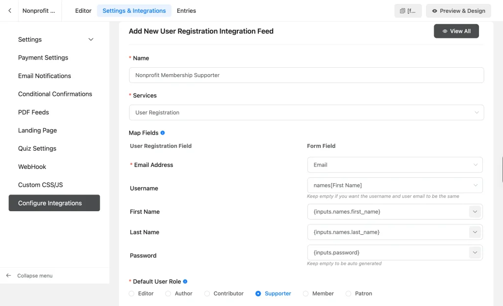 User Registration feed mapping email, username, and name fields with Default User Role set to Supporter