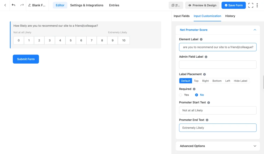 Fluent Forms Net Promoter Score field settings panel showing Promoter Start Text and End Text options