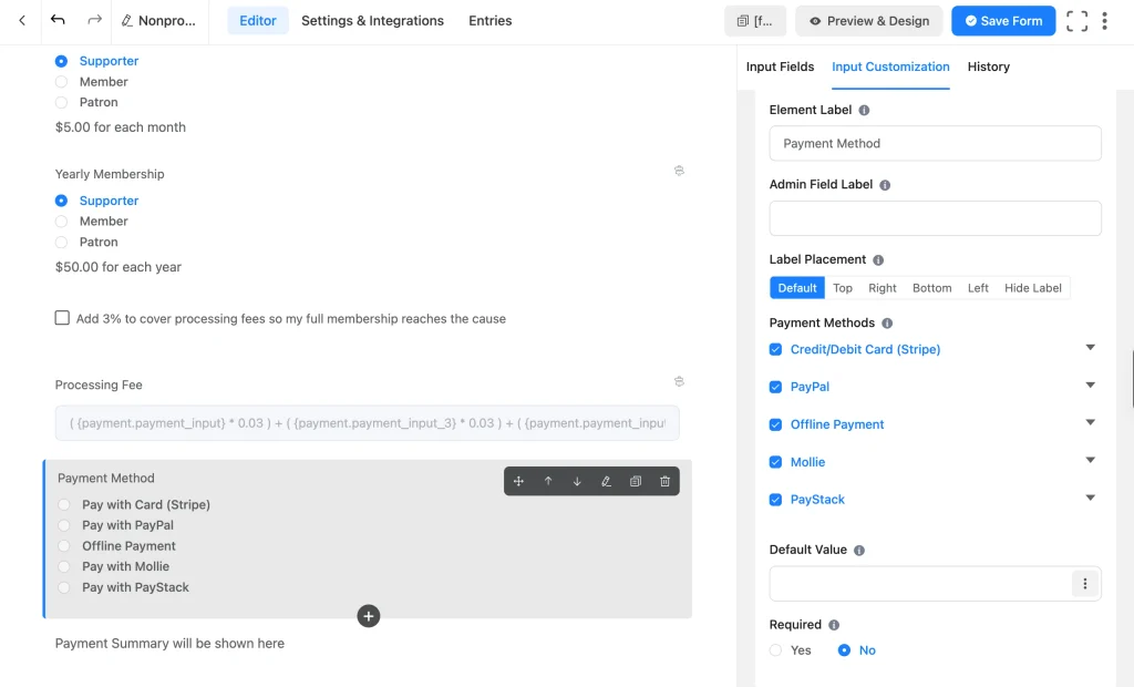 Payment Method field offering Stripe, PayPal, Offline, Mollie, and PayStack options