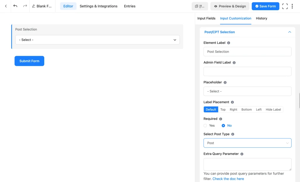 Fluent Forms Post/CPT Selection field settings panel showing the Select Post Type and Extra Query Parameter options