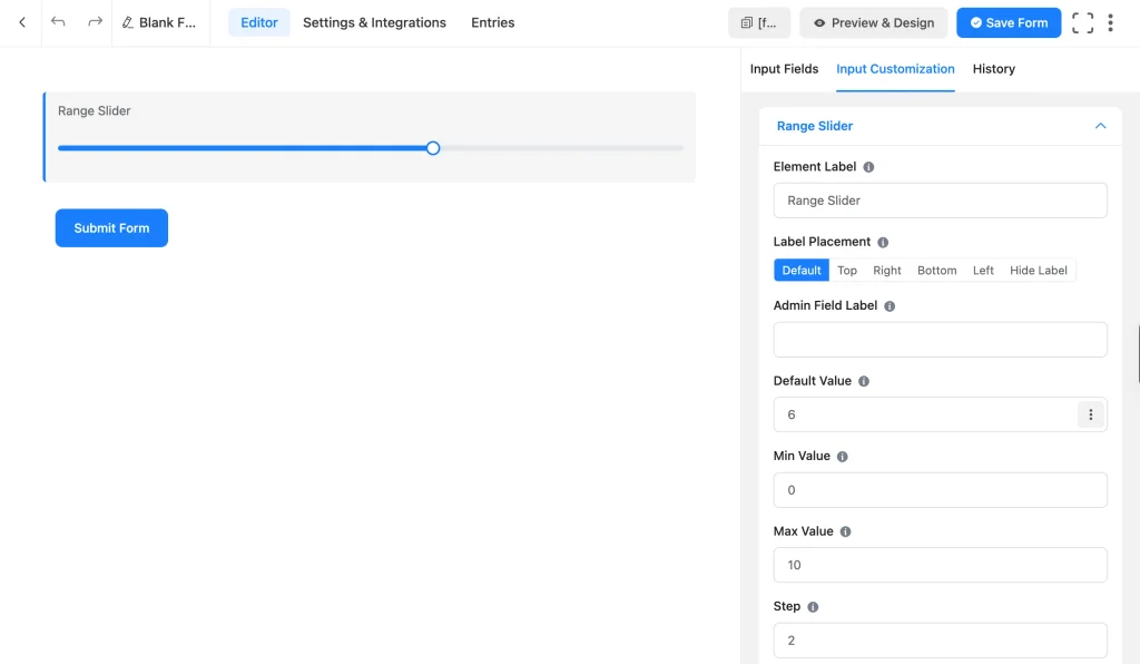 Fluent Forms Range Slider field settings panel showing Min Value, Max Value, and Step options