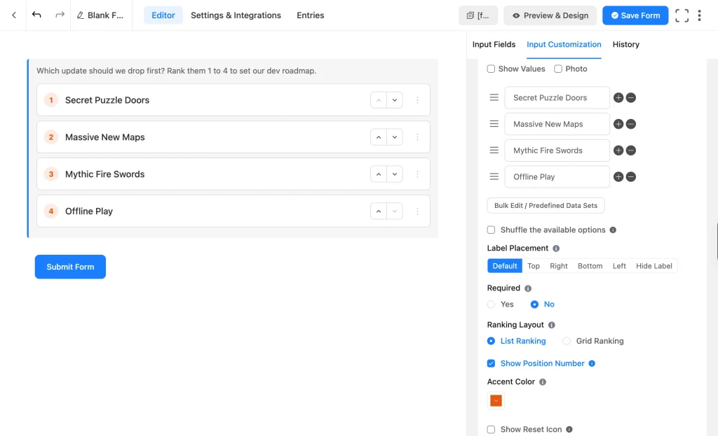 Fluent Forms Ranking field settings panel showing List Ranking layout and Show Position Number