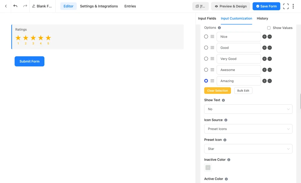 Fluent Forms Ratings field settings panel showing rating level options and Icon Source