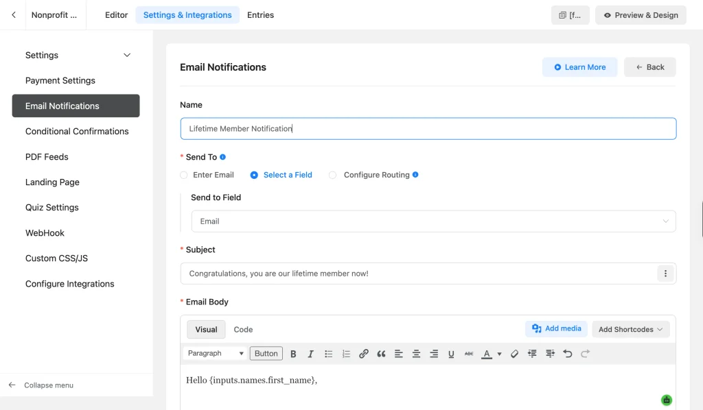 Email Notification set to send to the member’s email field with a lifetime-member welcome subject and body