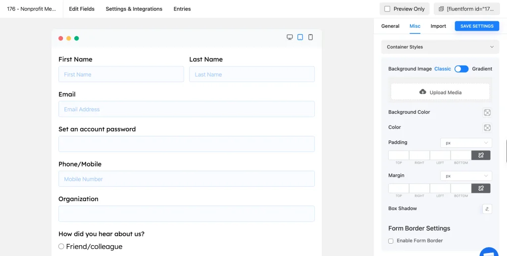 Misc tab of the Advanced Form Styler showing container background, padding, and border settings