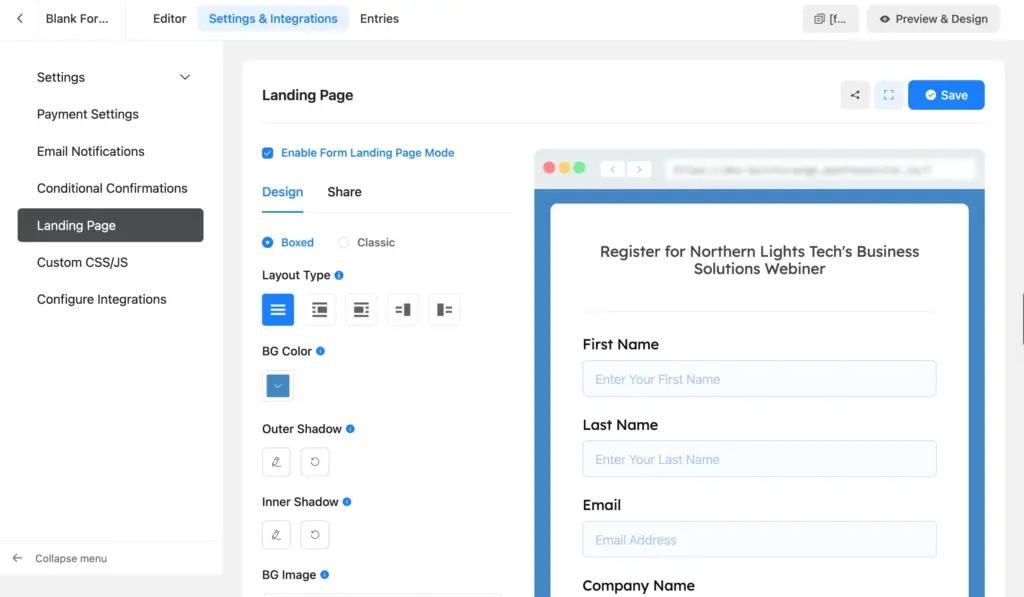 Fluent Forms Landing Page settings turning a webinar registration form into a standalone page