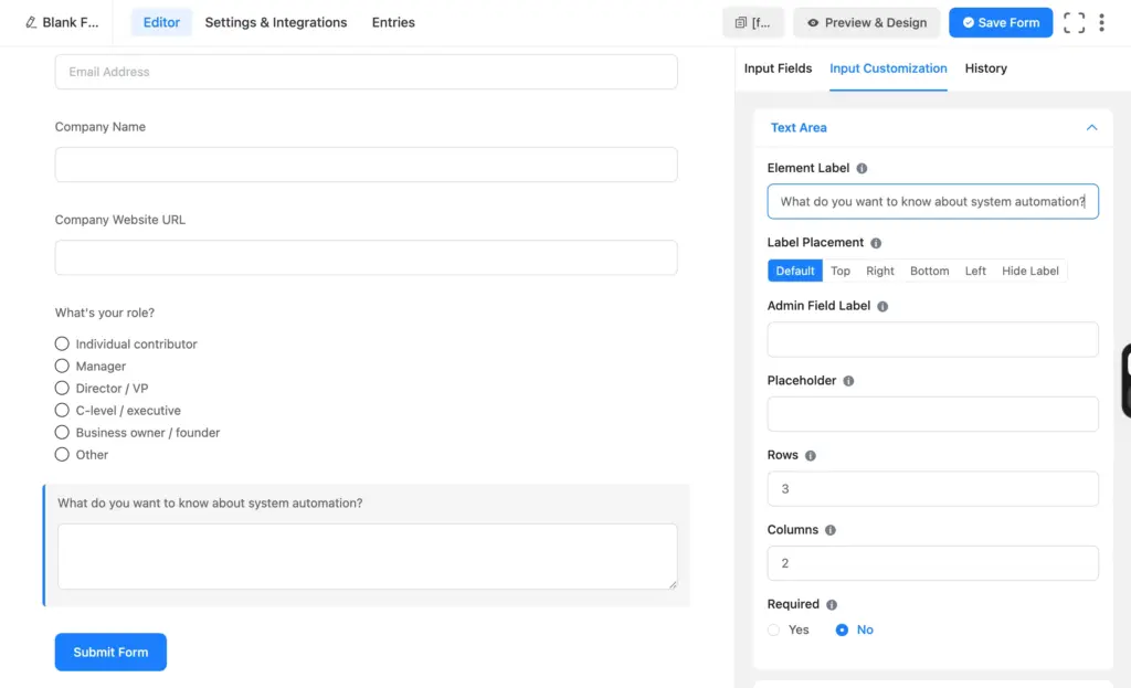 Optional text area field asking webinar registrants what they want to know, added in the Fluent Forms editor