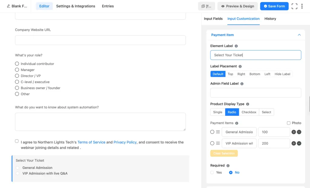 Payment Item field with General Admission and VIP ticket options set to Radio display in Fluent Forms