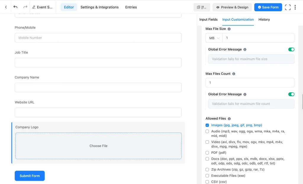 Input Customization settings for the company logo upload field in Fluent Forms