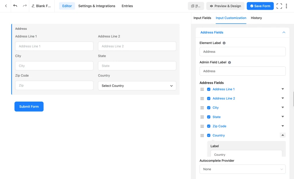 Fluent Forms Address field settings panel with Address Line 1, Address Line 2, City, State, Zip Code, and Country subfields toggled on