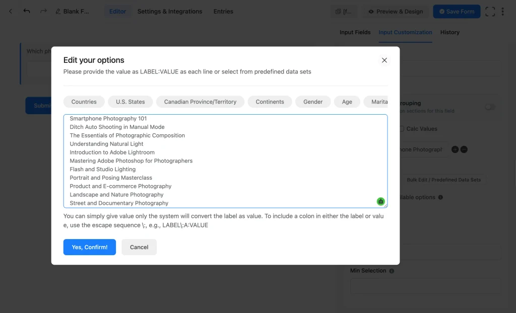 Fluent Forms Bulk Edit and Predefined Data Sets dialog for pasting a list of options at once