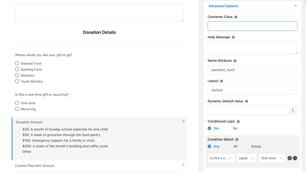 Conditional logic rule in Fluent Forms showing a field when the donor selects one-time giving