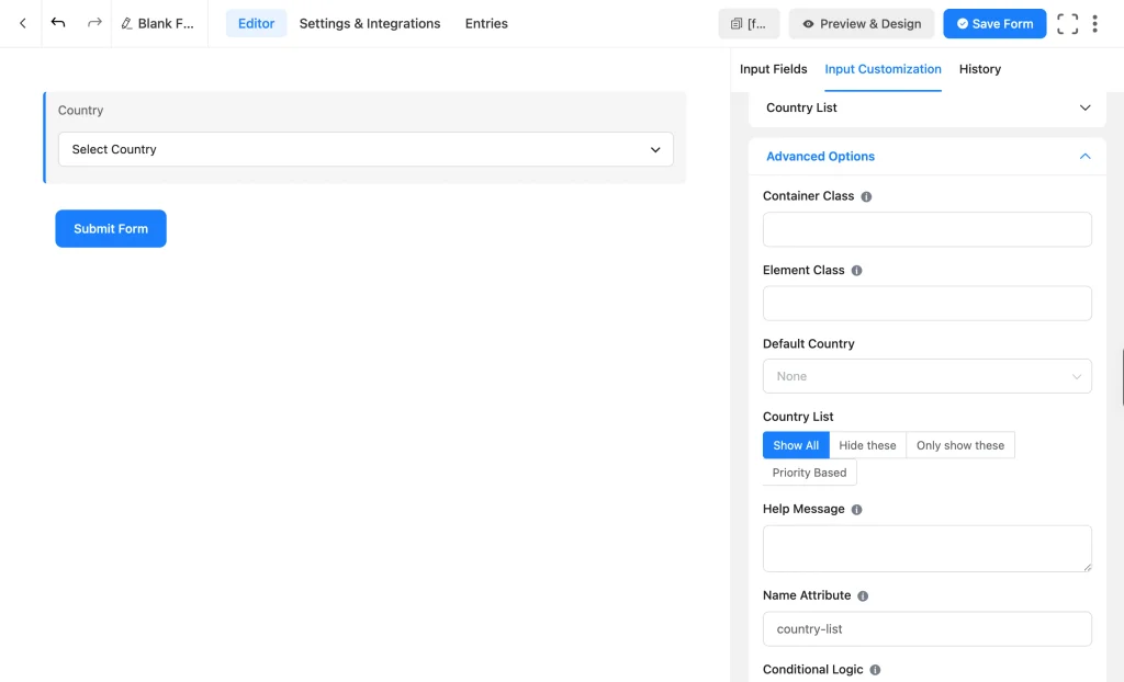 Fluent Forms Country List field Advanced Options showing the Country List display mode and Name Attribute settings