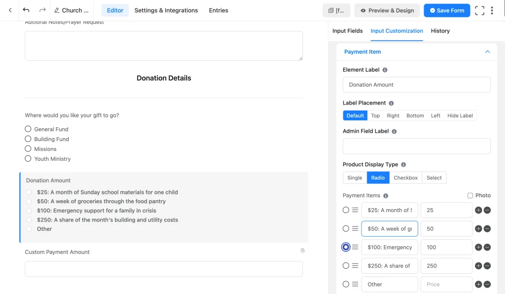 Payment Item field in Fluent Forms showing suggested donation amounts labeled with their impact"