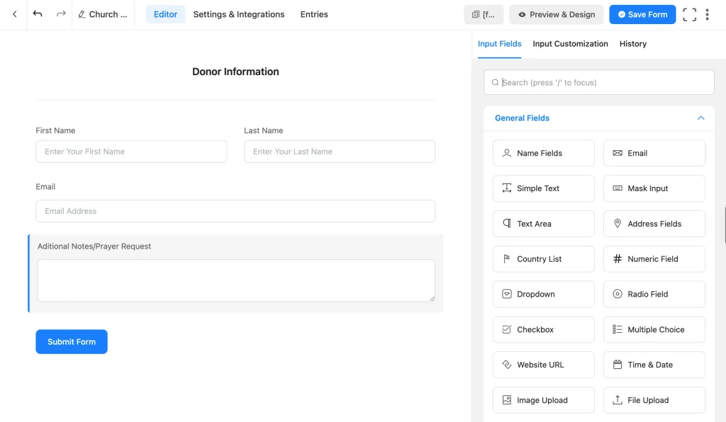Donor information fields, name, email, and prayer request, added to a Fluent Forms church donation form