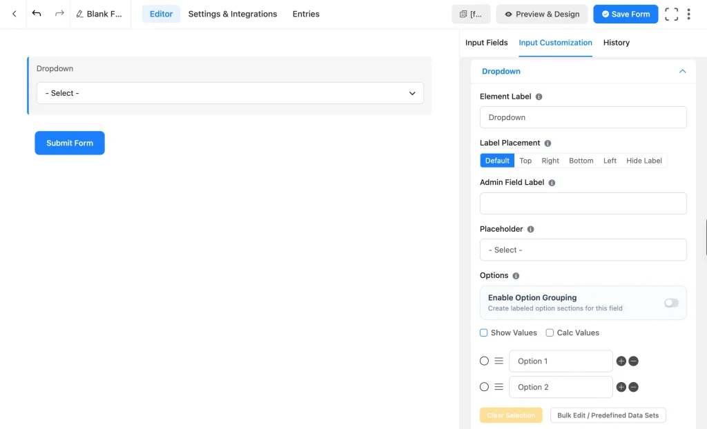 Fluent Forms Dropdown field settings panel showing Placeholder, Options, and the Enable Option Grouping toggle